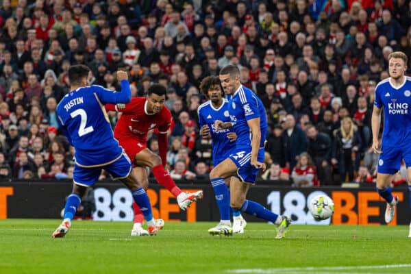 LIVERPOOL, ENGLAND - Wednesday, September 27, 2023: Liverpool's Cody Gakpo scores the first equalising goal during the Football League Cup 3rd Round match between Liverpool FC and Leicester City FC at Anfield. (Pic by David Rawcliffe/Propaganda)