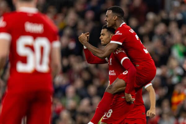 LIVERPOOL, ENGLAND - Wednesday, September 27, 2023: Liverpool's Cody Gakpo (L) celebrates with team-mate Cody Gakpo after scoring the first equalising goal during the Football League Cup 3rd Round match between Liverpool FC and Leicester City FC at Anfield. (Pic by David Rawcliffe/Propaganda)