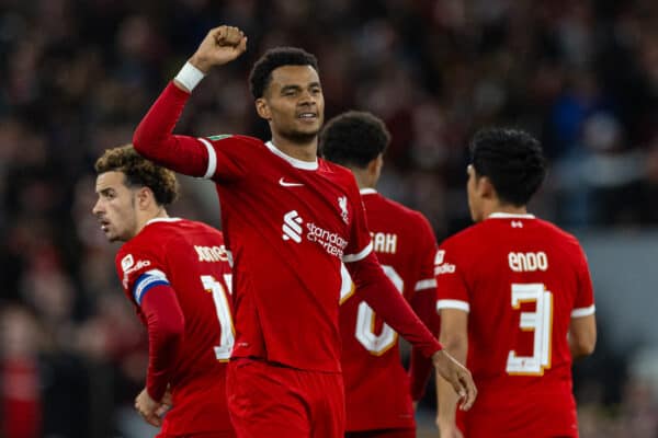 LIVERPOOL, ENGLAND - Wednesday, September 27, 2023: Liverpool's Cody Gakpo celebrates after scoring the first equalising goal during the Football League Cup 3rd Round match between Liverpool FC and Leicester City FC at Anfield. (Pic by David Rawcliffe/Propaganda)