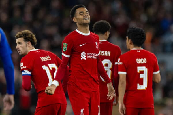 LIVERPOOL, ENGLAND - Wednesday, September 27, 2023: Liverpool's Cody Gakpo celebrates after scoring the first equalising goal during the Football League Cup 3rd Round match between Liverpool FC and Leicester City FC at Anfield. (Pic by David Rawcliffe/Propaganda)