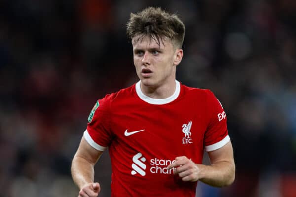 LIVERPOOL, ENGLAND - Wednesday, September 27, 2023: Liverpool's Ben Doak during the Football League Cup 3rd Round match between Liverpool FC and Leicester City FC at Anfield. (Pic by David Rawcliffe/Propaganda)