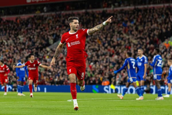 LIVERPOOL, ENGLAND - Wednesday, September 27, 2023: Liverpool's Dominik Szoboszlai celebrates after scoring the second goal during the Football League Cup 3rd Round match between Liverpool FC and Leicester City FC at Anfield. (Pic by David Rawcliffe/Propaganda)