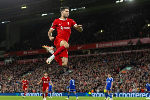 LIVERPOOL, ENGLAND - Wednesday, September 27, 2023: Liverpool's Dominik Szoboszlai celebrates after scoring the second goal during the Football League Cup 3rd Round match between Liverpool FC and Leicester City FC at Anfield. (Pic by David Rawcliffe/Propaganda)