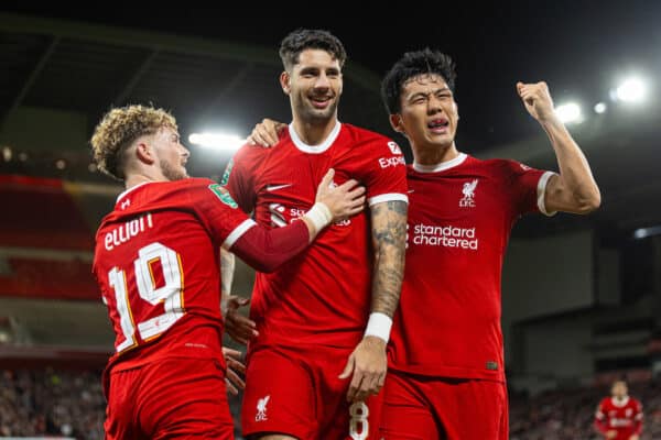 LIVERPOOL, ENGLAND - Wednesday, September 27, 2023: Liverpool's Dominik Szoboszlai celebrates after scoring the second goal during the Football League Cup 3rd Round match between Liverpool FC and Leicester City FC at Anfield. (Pic by David Rawcliffe/Propaganda)