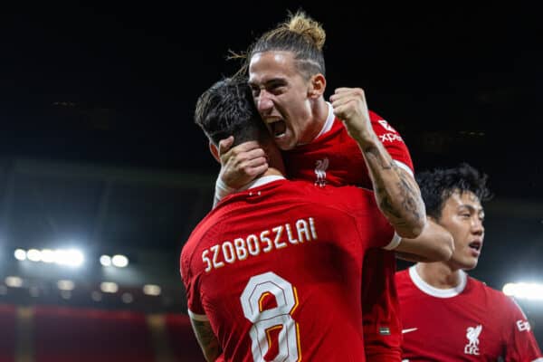 LIVERPOOL, ENGLAND - Wednesday, September 27, 2023: Liverpool's Dominik Szoboszlai (L) celebrates with team-mate Kostas Tsimikas after scoring the second goal during the Football League Cup 3rd Round match between Liverpool FC and Leicester City FC at Anfield. (Pic by David Rawcliffe/Propaganda)