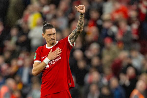 LIVERPOOL, ENGLAND - Wednesday, September 27, 2023: Liverpool's Darwin Núñez celebrates after during the Football League Cup 3rd Round match between Liverpool FC and Leicester City FC at Anfield. (Pic by David Rawcliffe/Propaganda)