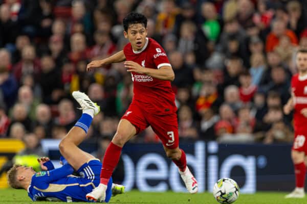 LIVERPOOL, ENGLAND - Wednesday, September 27, 2023: Liverpool's Wataru Endo during the Football League Cup 3rd Round match between Liverpool FC and Leicester City FC at Anfield. (Pic by David Rawcliffe/Propaganda)