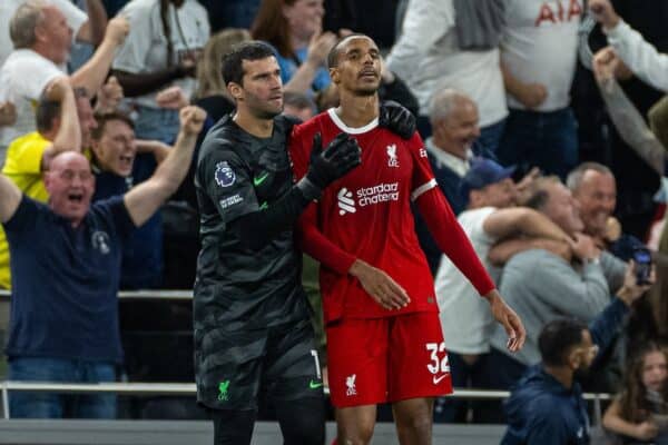 LONDON, ENGLAND - Saturday, September 30, 2023: Liverpool's goalkeeper Alisson Becker consoles a dejected Joel Matip after the defender scored an injury-time own-goal to give Spurs the victory during the FA Premier League match between Tottenham Hotspur FC and Liverpool FC at the Tottenham Hotspur Stadium. (Pic by David Rawcliffe/Propaganda)