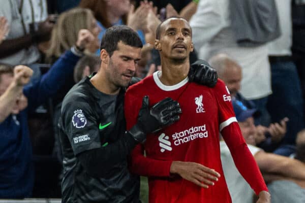 LONDON, ENGLAND - Saturday, September 30, 2023: Liverpool's goalkeeper Alisson Becker consoles a dejected Joel Matip after the defender scored an injury-time own-goal to give Spurs the victory during the FA Premier League match between Tottenham Hotspur FC and Liverpool FC at the Tottenham Hotspur Stadium. (Pic by David Rawcliffe/Propaganda)