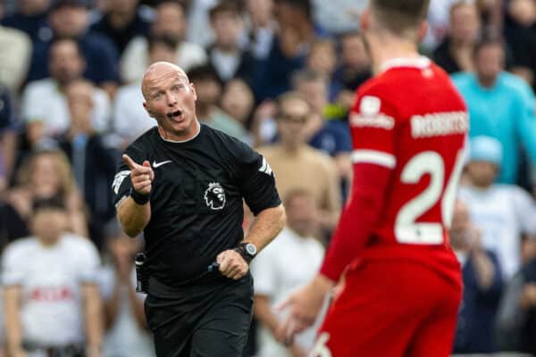 LONDON, ENGLAND - Saturday, September 30, 2023: Referee Simon Hooper reacts before viewing a video and canceling a yellow card for Liverpool's Curtis Jones and turning it into a red card during the FA Premier League match between Tottenham Hotspur FC and Liverpool FC at the Tottenham Hotspur Stadium. (Pic by David Rawcliffe/Propaganda)