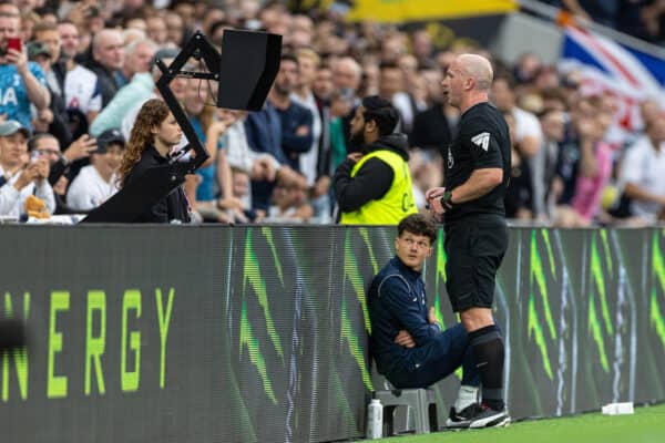 LONDON, ENGLAND - Saturday, September 30, 2023: Referee Simon Hooper views a video before canceling a yellow card for Liverpool's Curtis Jones and turning it into a red card during the FA Premier League match between Tottenham Hotspur FC and Liverpool FC at the Tottenham Hotspur Stadium. (Pic by David Rawcliffe/Propaganda)