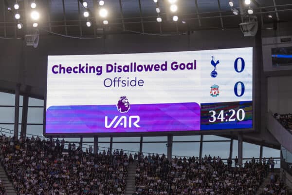 LONDON, ENGLAND - Saturday, September 30, 2023: A goal scored by Liverpool's Luis Díaz, given on the pitch as offside, is mistakenly confiemd by VAR who believe the onfield decision was a goal, during the FA Premier League match between Tottenham Hotspur FC and Liverpool FC at the Tottenham Hotspur Stadium. (Pic by David Rawcliffe/Propaganda)