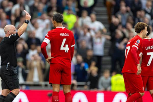 LONDON, ENGLAND - Saturday, September 30, 2023: Liverpool's Curtis Jones walks off after being shown a red card and sent off during the FA Premier League match between Tottenham Hotspur FC and Liverpool FC at the Tottenham Hotspur Stadium. (Pic by David Rawcliffe/Propaganda)