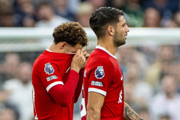 LONDON, ENGLAND - Saturday, September 30, 2023: Liverpool's Curtis Jones walks off after being shown a red card and sent off during the FA Premier League match between Tottenham Hotspur FC and Liverpool FC at the Tottenham Hotspur Stadium. (Pic by David Rawcliffe/Propaganda)