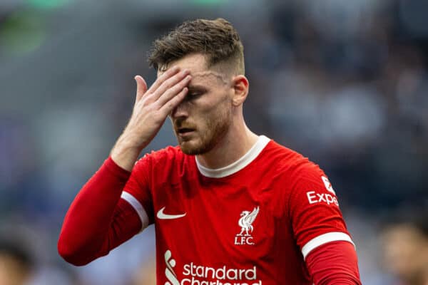 Londres, Inglaterra - Sábado, 30 de septiembre de 2023: El jugador de Liverpool Andy Robertson durante el partido de la Premier League inglesa entre Tottenham Hotspur y Liverpool en el estadio Tottenham Hotspur.  (Foto de David Rawcliffe/Publicidad)