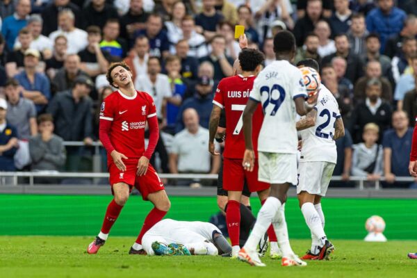 LONDON, ENGLAND - Saturday, September 30, 2023: Liverpool's Curtis Jones reacts after first being shown a yellow card before it's changed to a red card and sent off during the FA Premier League match between Tottenham Hotspur FC and Liverpool FC at the Tottenham Hotspur Stadium. (Pic by David Rawcliffe/Propaganda)