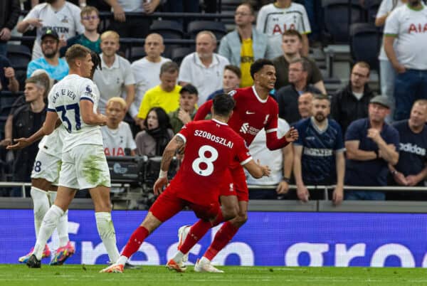 LONDON, ENGLAND - Saturday, September 30, 2023: Liverpool's Cody Gakpo goes down injured after scoring the first equalising goal during the FA Premier League match between Tottenham Hotspur FC and Liverpool FC at the Tottenham Hotspur Stadium. (Pic by David Rawcliffe/Propaganda)