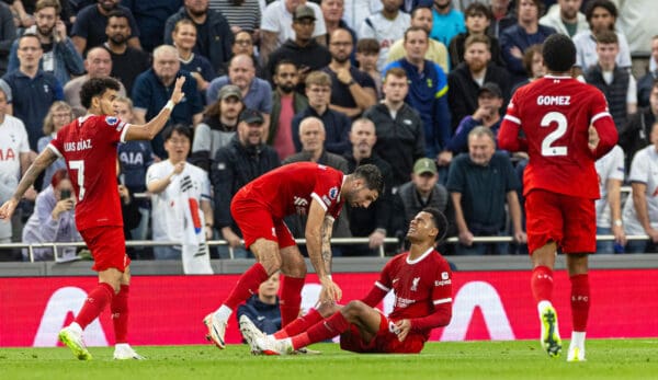 LONDON, ENGLAND - Saturday, September 30, 2023: Liverpool's Cody Gakpo goes down injured after scoring the first equalising goal during the FA Premier League match between Tottenham Hotspur FC and Liverpool FC at the Tottenham Hotspur Stadium. (Pic by David Rawcliffe/Propaganda)