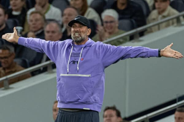 LONDON, ENGLAND - Saturday, September 30, 2023: Liverpool's manager Jürgen Klopp reacts during the FA Premier League match between Tottenham Hotspur FC and Liverpool FC at the Tottenham Hotspur Stadium. (Pic by David Rawcliffe/Propaganda)