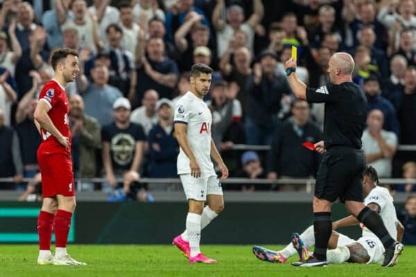 LONDON, ENGLAND - Saturday, September 30, 2023: Liverpool's Diogo Jota is shown a red card and sent off by referee Simon Hopper during the FA Premier League match between Tottenham Hotspur FC and Liverpool FC at the Tottenham Hotspur Stadium. (Pic by David Rawcliffe/Propaganda)