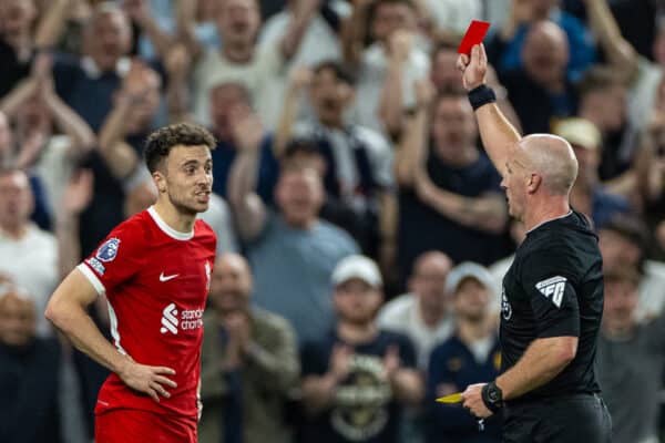 LONDON, ENGLAND - Saturday, September 30, 2023: Liverpool's Diogo Jota is shown a red card and sent off by referee Simon Hooper during the FA Premier League match between Tottenham Hotspur FC and Liverpool FC at the Tottenham Hotspur Stadium. (Pic by David Rawcliffe/Propaganda)