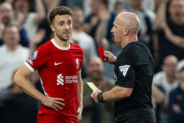 LONDON, ENGLAND - Saturday, September 30, 2023: Liverpool's Diogo Jota is shown a red card and sent off by referee Simon Hopper during the FA Premier League match between Tottenham Hotspur FC and Liverpool FC at the Tottenham Hotspur Stadium. (Pic by David Rawcliffe/Propaganda)