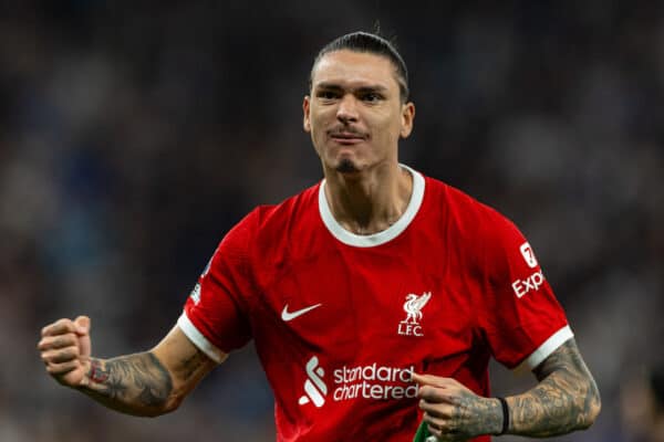LONDON, ENGLAND - Saturday, September 30, 2023: Liverpool's Darwin Nunez gestures to the travelling supporters after the FA Premier League match between Tottenham Hotspur FC and Liverpool FC at the Tottenham Hotspur Stadium. (Pic by David Rawcliffe/Propaganda)