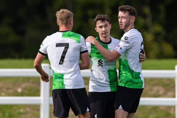 LONDON, ENGLAND - Sunday, October 1, 2023: Liverpool's Mateusz Musialowski (C) celebrates with team-mates after scoring the first equalising goal during the Premier League 2 Division 1 match between Crystal Palace’s Under-21’s and Liverpool FC Under-21's at the Crystal Palace Training Ground. (Pic by David Rawcliffe/Propaganda)