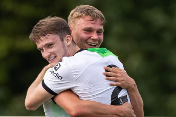 LONDON, ENGLAND - Sunday, October 1, 2023: Liverpool's Paul Glatzel (R) celebrates with team-mate Terence Miles after scoring the second goal during the Premier League 2 Division 1 match between Crystal Palace’s Under-21’s and Liverpool FC Under-21's at the Crystal Palace Training Ground. (Pic by David Rawcliffe/Propaganda)