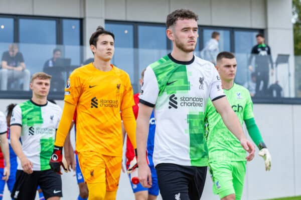 LONDON, ENGLAND - Sunday, October 1, 2023: Liverpool's captain Tom Hill leads his side out before the Premier League 2 Division 1 match between Crystal Palace’s Under-21’s and Liverpool FC Under-21's at the Crystal Palace Training Ground. (Pic by David Rawcliffe/Propaganda)