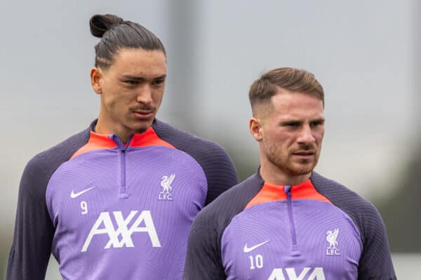 LIVERPOOL, ENGLAND - Wednesday, October 4, 2023: Liverpool's Darwin Núñez (L) and Alexis Mac Allister during a training session at the AXA Training Centre ahead of the UEFA Europa League Group E match between Liverpool FC and Union SG. (Pic by David Rawcliffe/Propaganda)