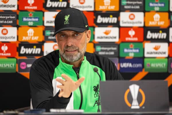 LIVERPOOL, ENGLAND - Wednesday, October 4, 2023: Liverpool's manager Jürgen Klopp during a press conference at Anfield ahead of the UEFA Europa League Group E matchday 2 game between Liverpool FC and Union SG. (Pic by David Rawcliffe/Propaganda)