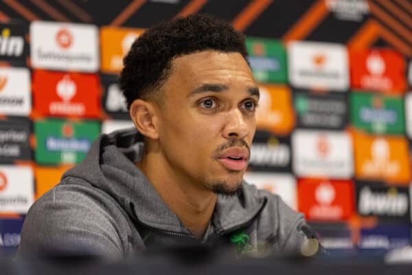 LIVERPOOL, ENGLAND - Wednesday, October 4, 2023: Liverpool's Trent Alexander-Arnold during a press conference at Anfield ahead of the UEFA Europa League Group E matchday 2 game between Liverpool FC and Union SG. (Pic by David Rawcliffe/Propaganda)