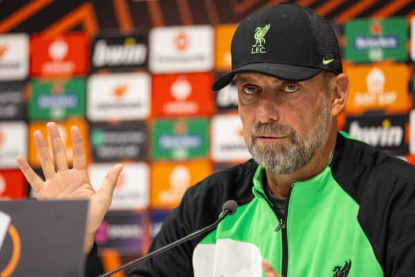 LIVERPOOL, ENGLAND - Wednesday, October 4, 2023: Liverpool's manager Jürgen Klopp during a press conference at Anfield ahead of the UEFA Europa League Group E matchday 2 game between Liverpool FC and Union SG. (Pic by David Rawcliffe/Propaganda)