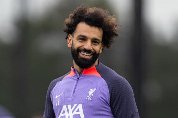 ليفربول، إنجلترا - الأربعاء 4 أكتوبر 2023: محمد صلاح لاعب ليفربول أثناء التدريب في مركز تدريب أكسا قبل مباراة المجموعة الخامسة في الدوري الأوروبي بين ليفربول ويونيون إس جي.  (تصوير ديفيد راوكليف/الدعاية)