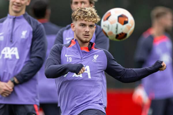 LIVERPOOL, ENGLAND - Wednesday, October 4, 2023: Liverpool's Harvey Elliott during a training session at the AXA Training Centre ahead of the UEFA Europa League Group E match between Liverpool FC and Union SG. (Pic by David Rawcliffe/Propaganda)