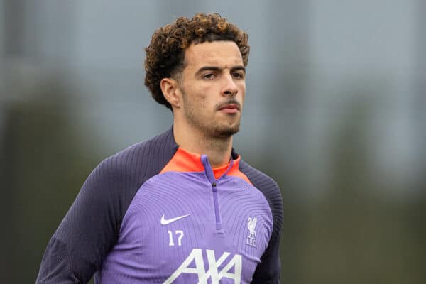 LIVERPOOL, ENGLAND - Wednesday, October 4, 2023: Liverpool's Curtis Jones during a training session at the AXA Training Centre ahead of the UEFA Europa League Group E match between Liverpool FC and Union SG. (Pic by David Rawcliffe/Propaganda)