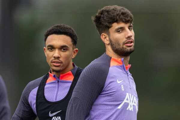 LIVERPOOL, ENGLAND - Wednesday, October 4, 2023: Liverpool's Trent Alexander-Arnold (L) and Dominik Szoboszlai during a training session at the AXA Training Centre ahead of the UEFA Europa League Group E match between Liverpool FC and Union SG. (Pic by David Rawcliffe/Propaganda)