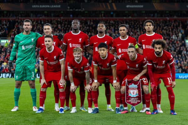 LIVERPOOL, ENGLAND - Thursday, October 5, 2023: Liverpool players line-up for a team group photograph before the UEFA Europa League Group E matchday 2 game between Liverpool FC and Union SG at Anfield. (Pic by David Rawcliffe/Propaganda)