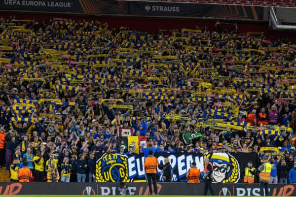 LIVERPOOL, ENGLAND - Thursday, October 5, 2023: Union SG supporters before the UEFA Europa League Group E matchday 2 game between Liverpool FC and Union SG at Anfield. (Pic by David Rawcliffe/Propaganda)