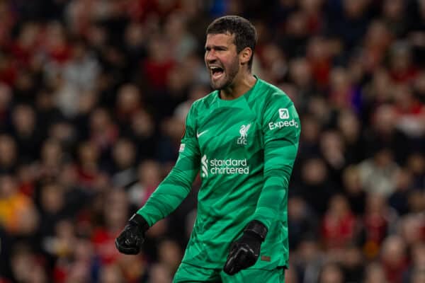 LIVERPOOL, ENGLAND - Thursday, October 5, 2023: Liverpool's goalkeeper Alisson Becker during the UEFA Europa League Group E matchday 2 game between Liverpool FC and Union SG at Anfield. (Pic by David Rawcliffe/Propaganda)