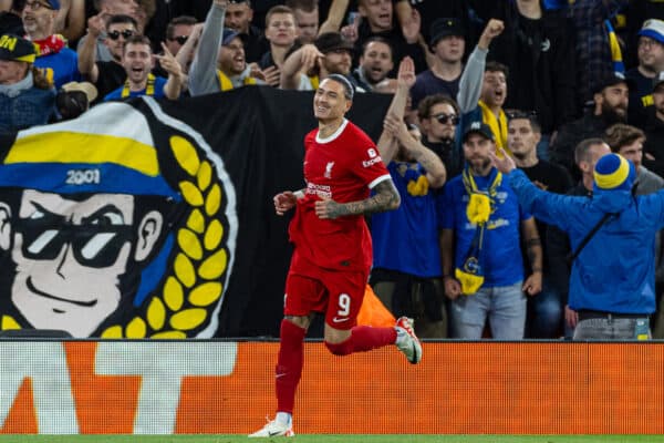 LIVERPOOL, ENGLAND - Thursday, October 5, 2023: Liverpool's Darwin Núñez during the UEFA Europa League Group E matchday 2 game between Liverpool FC and Union SG at Anfield. (Pic by David Rawcliffe/Propaganda)