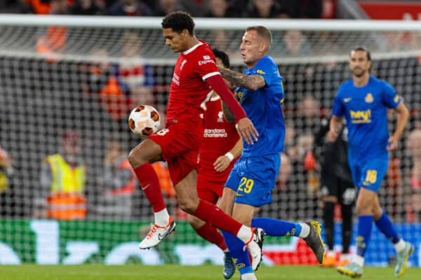 LIVERPOOL, ENGLAND - Thursday, October 5, 2023: Liverpool's Jarell Quansah (L) is challenged by Union SG's Gustaf Nilsson during the UEFA Europa League Group E matchday 2 game between Liverpool FC and Union SG at Anfield. (Pic by David Rawcliffe/Propaganda)