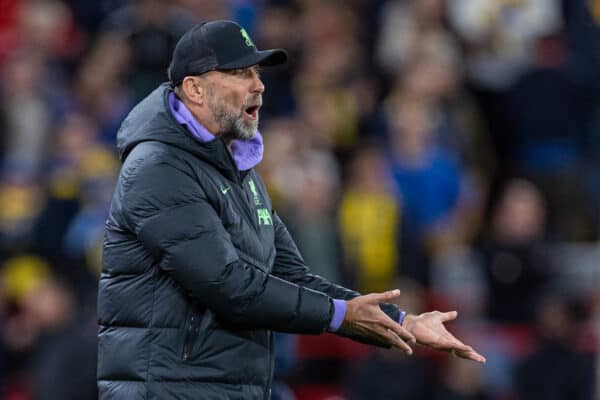 LIVERPOOL, ENGLAND - Thursday, October 5, 2023: Liverpool's manager Jürgen Klopp during the UEFA Europa League Group E matchday 2 game between Liverpool FC and Union SG at Anfield. (Pic by David Rawcliffe/Propaganda)