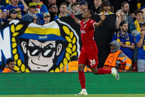 LIVERPOOL, ENGLAND - Thursday, October 5, 2023: Liverpool's Ryan Gravenberch scores the opening goal during the UEFA Europa League Group E matchday 2 game between Liverpool FC and Union SG at Anfield. (Pic by David Rawcliffe/Propaganda)