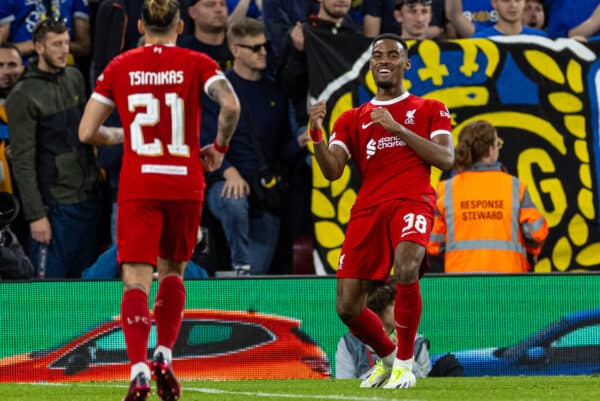 LIVERPOOL, ENGLAND - Thursday, October 5, 2023: Liverpool's Ryan Gravenberch celebrates after scoring the opening goal during the UEFA Europa League Group E matchday 2 game between Liverpool FC and Union SG at Anfield. (Pic by David Rawcliffe/Propaganda)