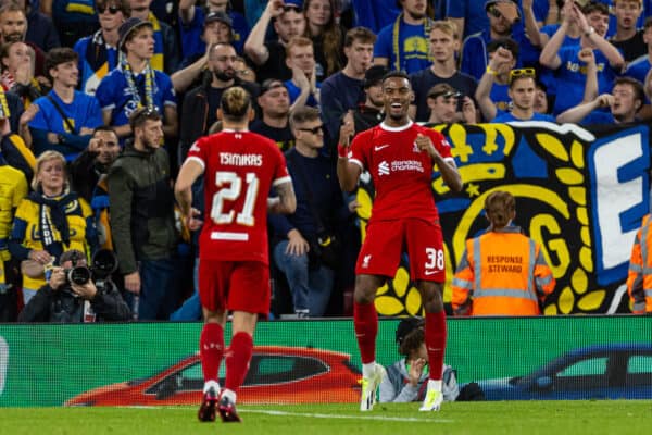 LIVERPOOL, ENGLAND - Thursday, October 5, 2023: Liverpool's Ryan Gravenberch celebrates after scoring the opening goal during the UEFA Europa League Group E matchday 2 game between Liverpool FC and Union SG at Anfield. (Pic by David Rawcliffe/Propaganda)