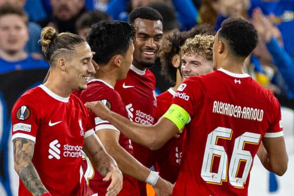 LIVERPOOL, ENGLAND - Thursday, October 5, 2023: Liverpool's Ryan Gravenberch (C) celebrates with team-mates after scoring the opening goal during the UEFA Europa League Group E matchday 2 game between Liverpool FC and Union SG at Anfield. (Pic by David Rawcliffe/Propaganda)