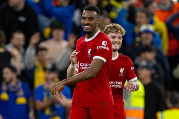 LIVERPOOL, ENGLAND - Thursday, October 5, 2023: Liverpool's Ryan Gravenberch (L) celebrates with team-mate Harvey Elliott after scoring the opening goal during the UEFA Europa League Group E matchday 2 game between Liverpool FC and Union SG at Anfield. (Pic by David Rawcliffe/Propaganda)