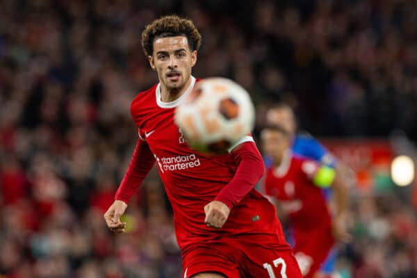 LIVERPOOL, ENGLAND - Thursday, October 5, 2023: Liverpool's Curtis Jones during the UEFA Europa League Group E matchday 2 game between Liverpool FC and Union SG at Anfield. (Pic by David Rawcliffe/Propaganda)